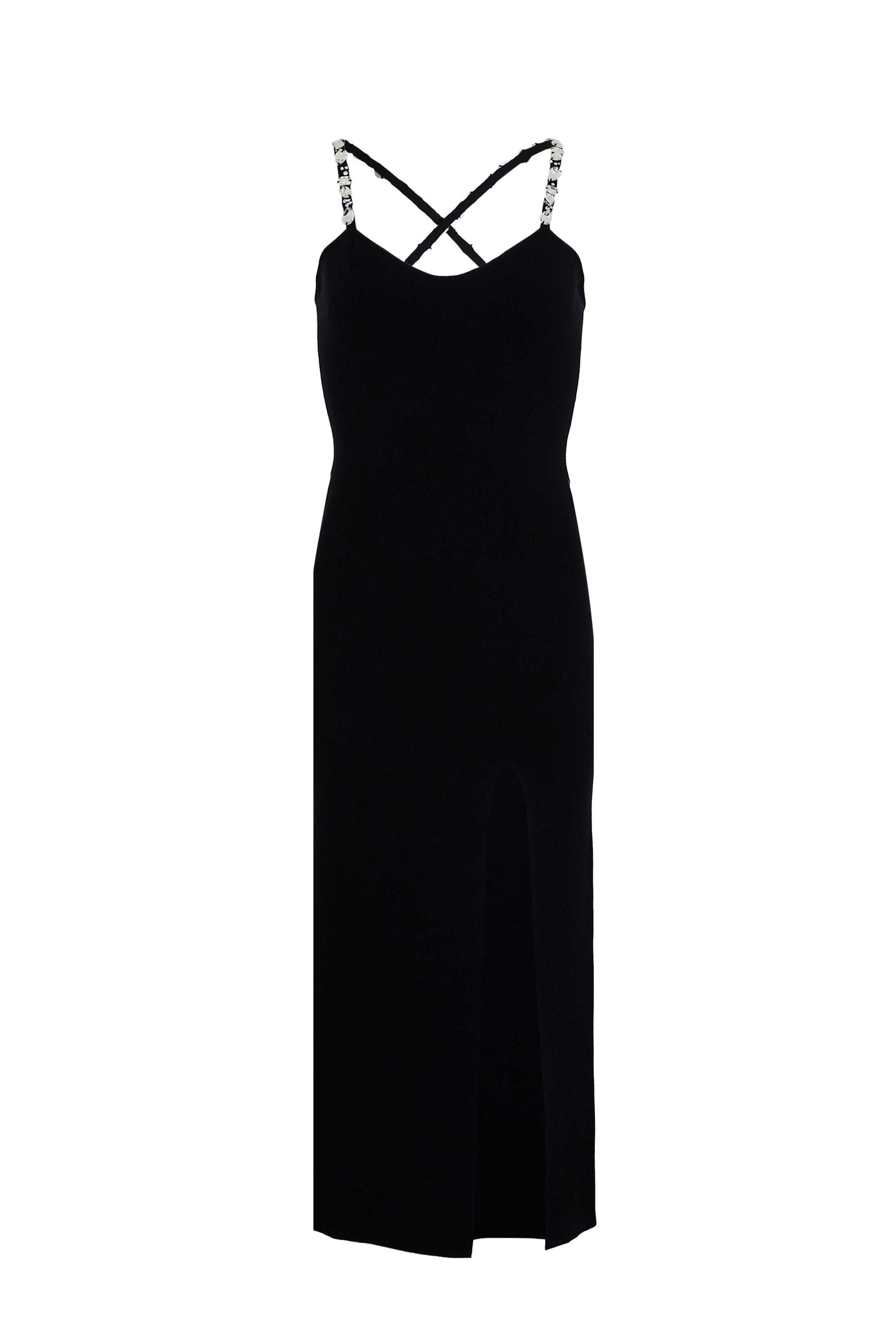 Robe midi fendue à bretelles en laine - Noir