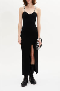 Robe midi fendue à bretelles en laine - Noir