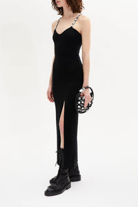 Robe midi fendue à bretelles en laine - Noir