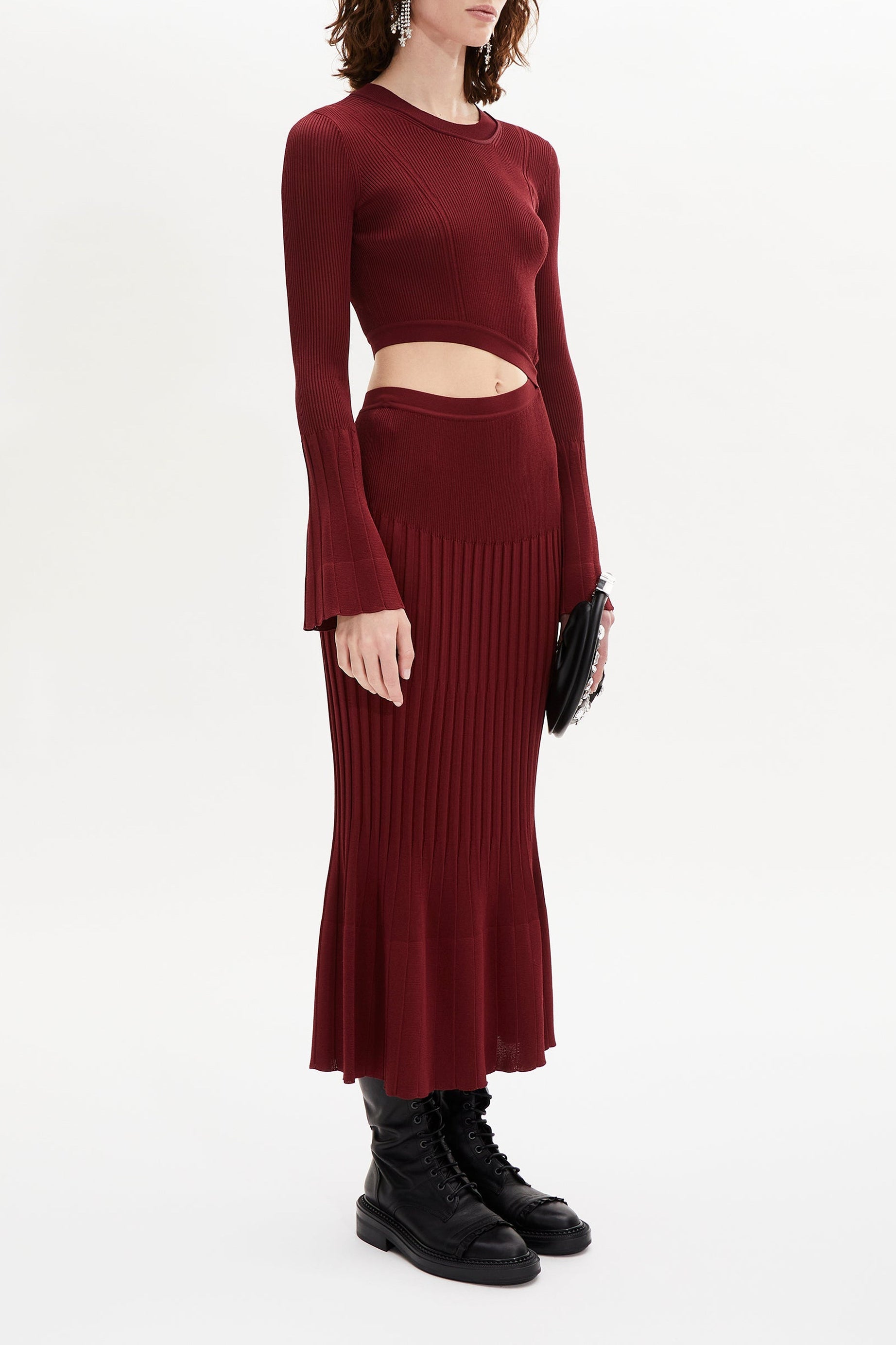 Robe col rond à manches longues évasées - Bordeaux