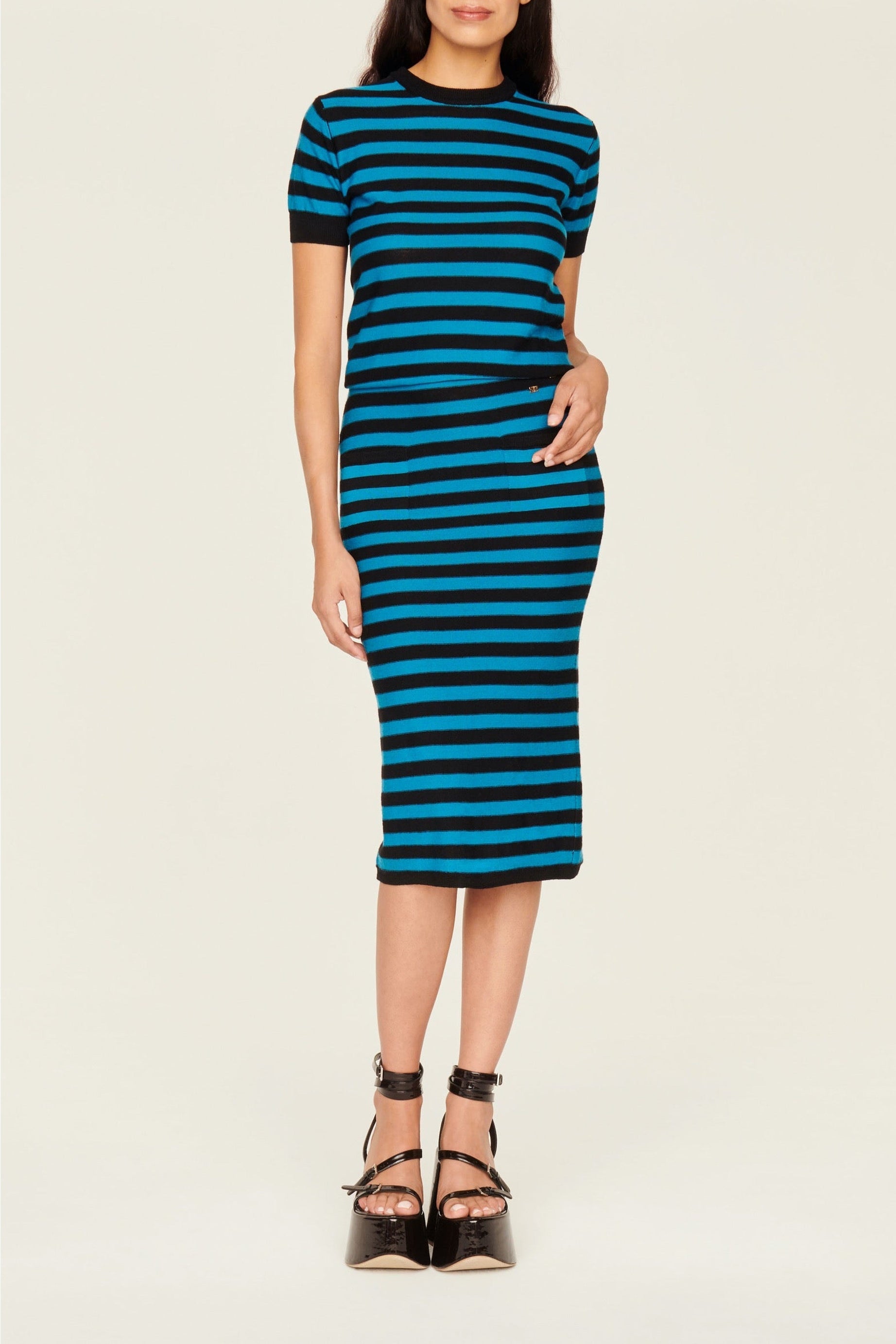 Jupe midi en laine - Noir & Bleu de Prusse