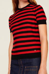 Pull Poor Boy rayé à manches courtes en laine - Noir & Rouge