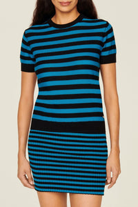 Pull Poor Boy rayé à manches courtes en laine - Noir & Bleu de Prusse