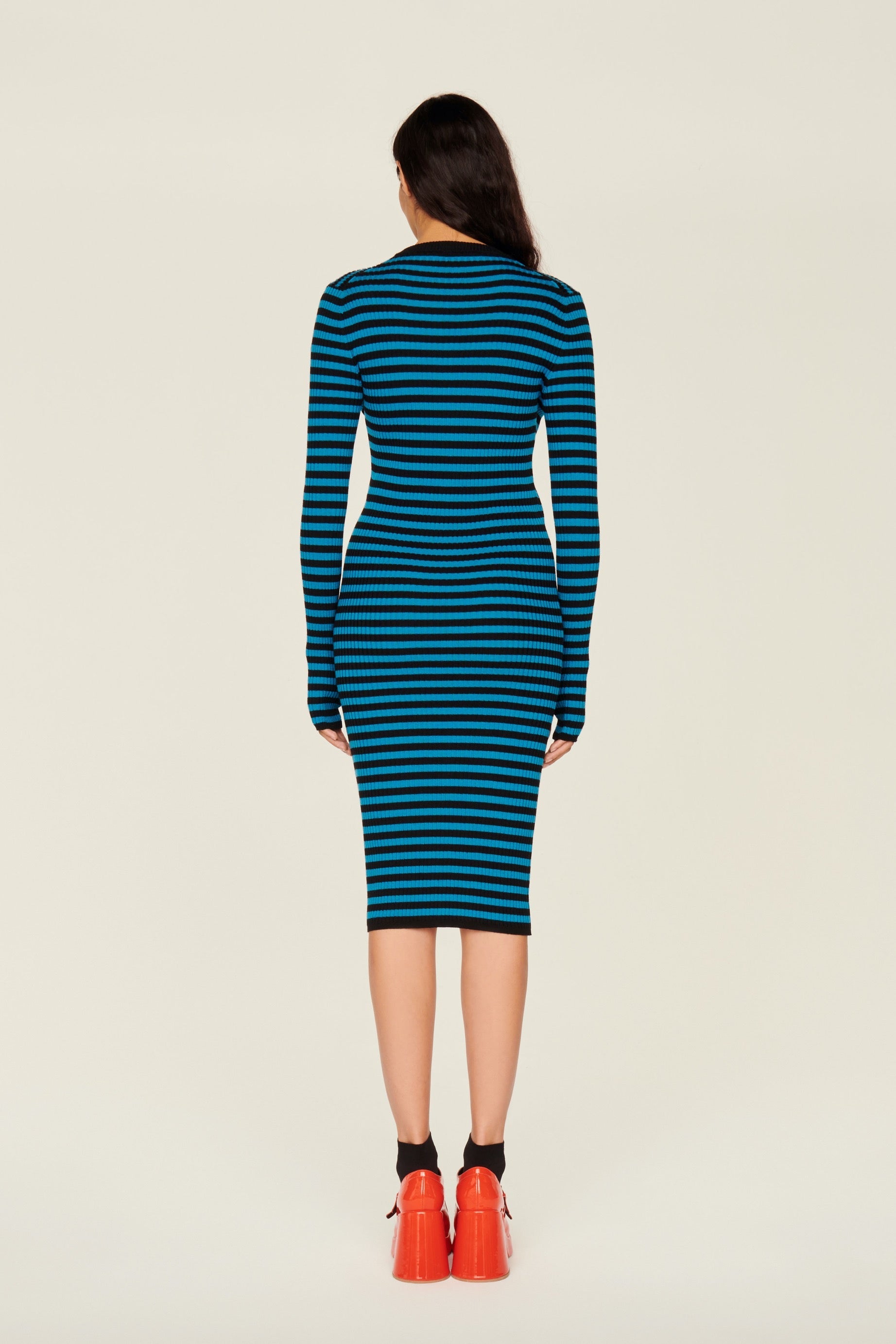 Robe moulante en laine - Noir & Bleu de Prusse