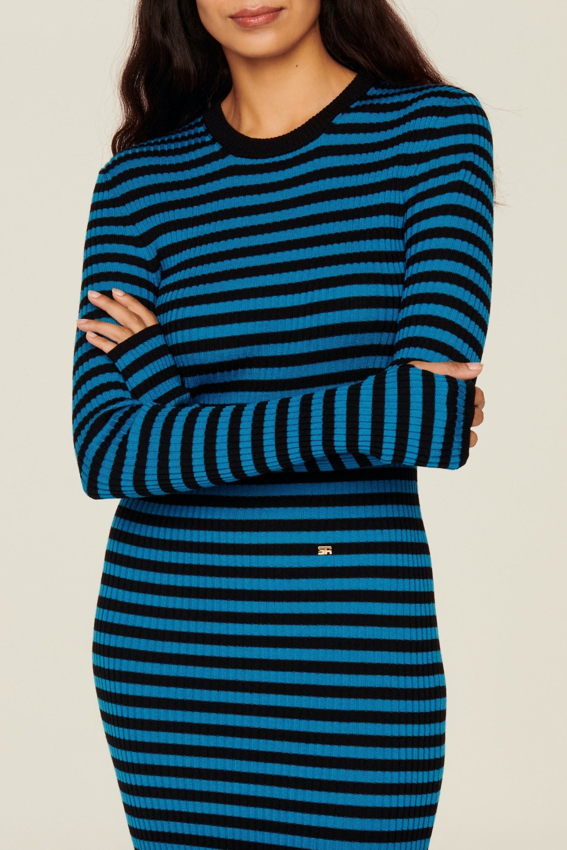Robe moulante en laine - Noir & Bleu de Prusse