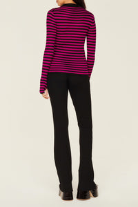 Pull rayé à col rond en laine - Noir & Fuchsia