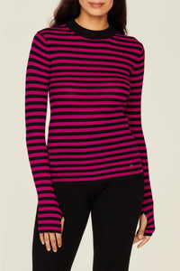 Pull rayé à col rond en laine - Noir & Fuchsia