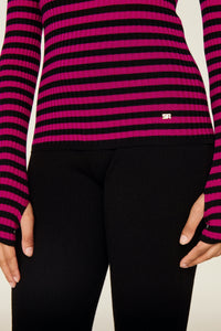 Pull rayé à col rond en laine - Noir & Fuchsia