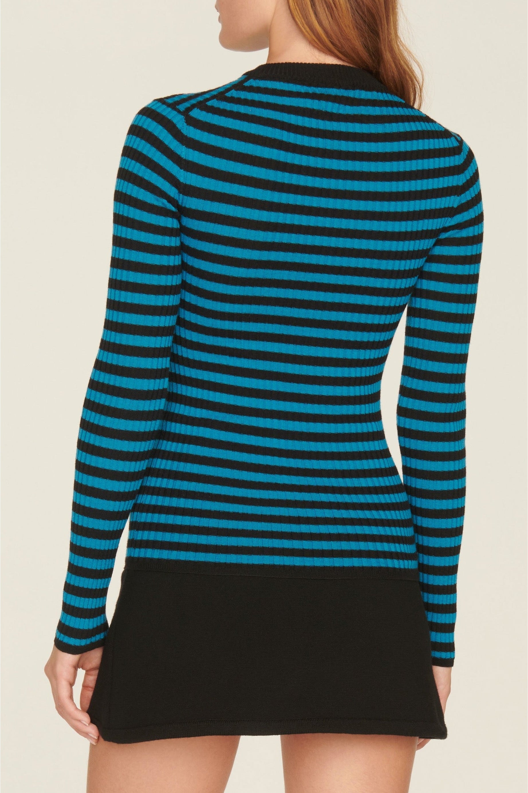Pull lurex rayé col rond à manches longues en laine - Noir & Bleu de Prusse