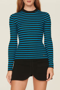 Pull lurex rayé col rond à manches longues en laine - Noir & Bleu de Prusse