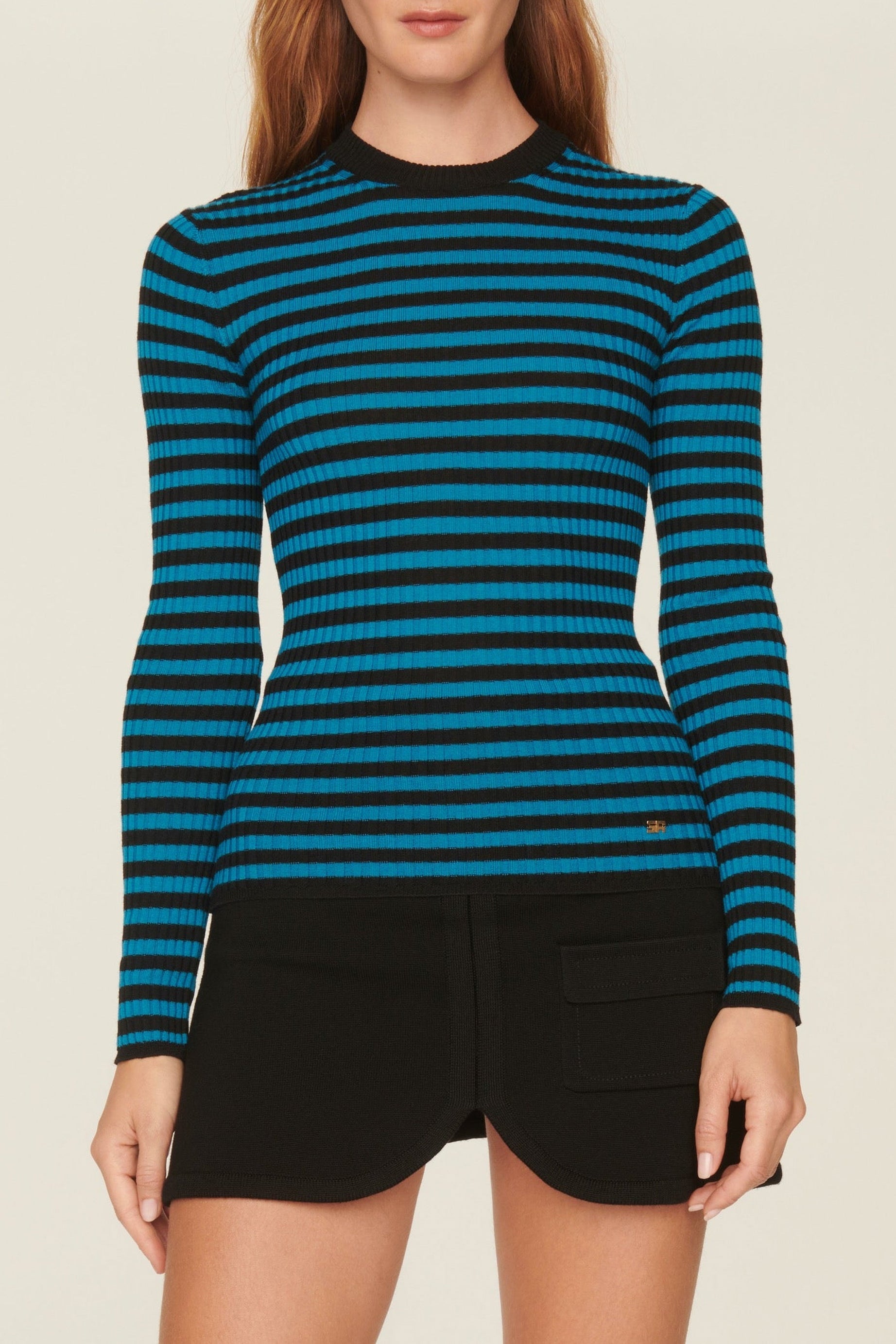 Pull lurex rayé col rond à manches longues en laine - Noir & Bleu de Prusse