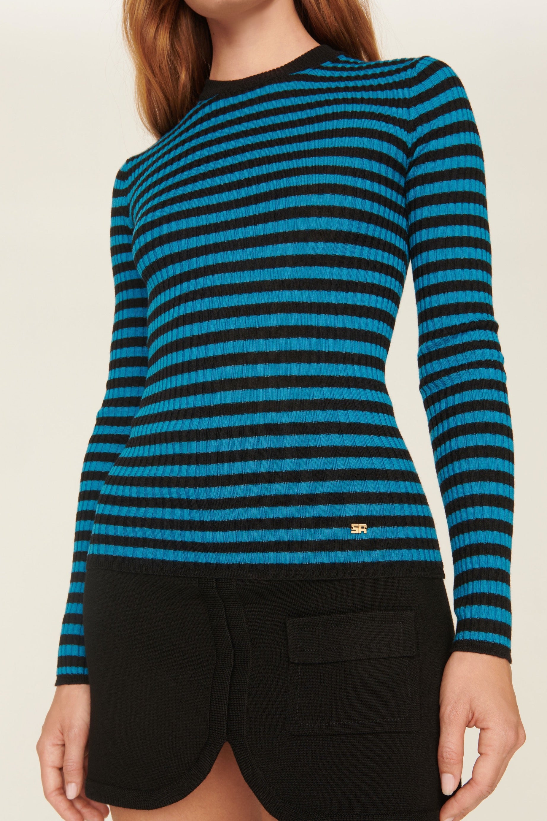 Pull lurex rayé col rond à manches longues en laine - Noir & Bleu de Prusse