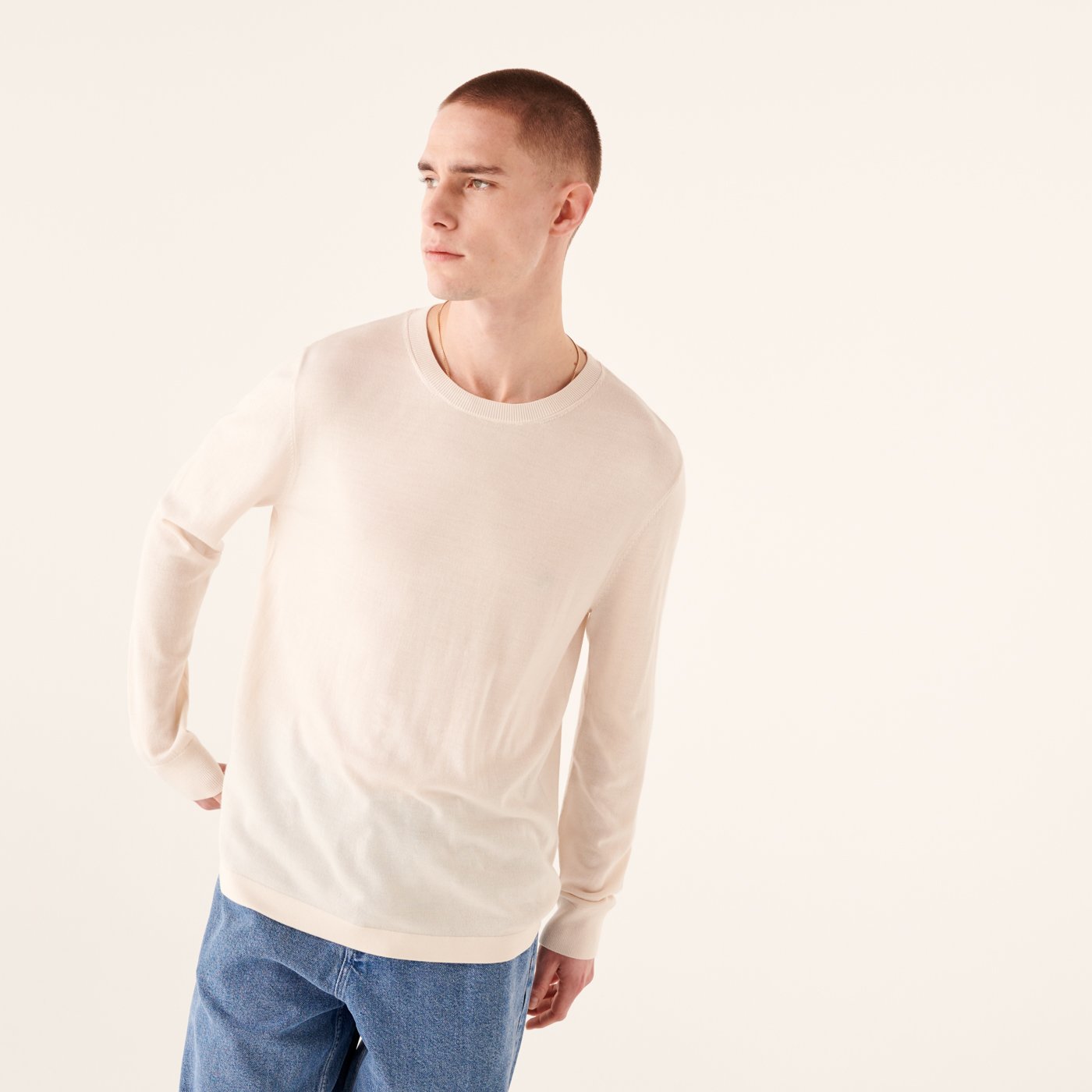 Pull à col rond en laine superfine - Ecru