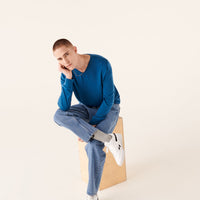 Pull à col V en laine superfine - Petrol Blue