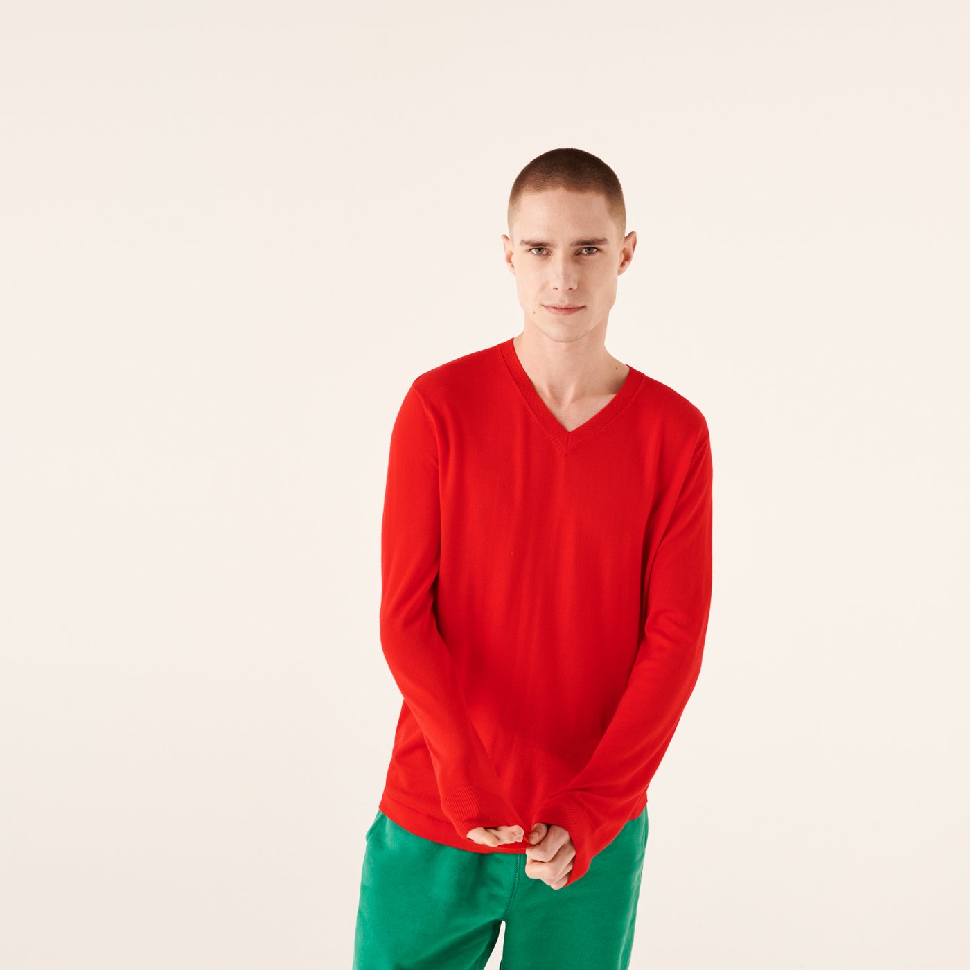 Pull à col V en laine superfine - Summer Red