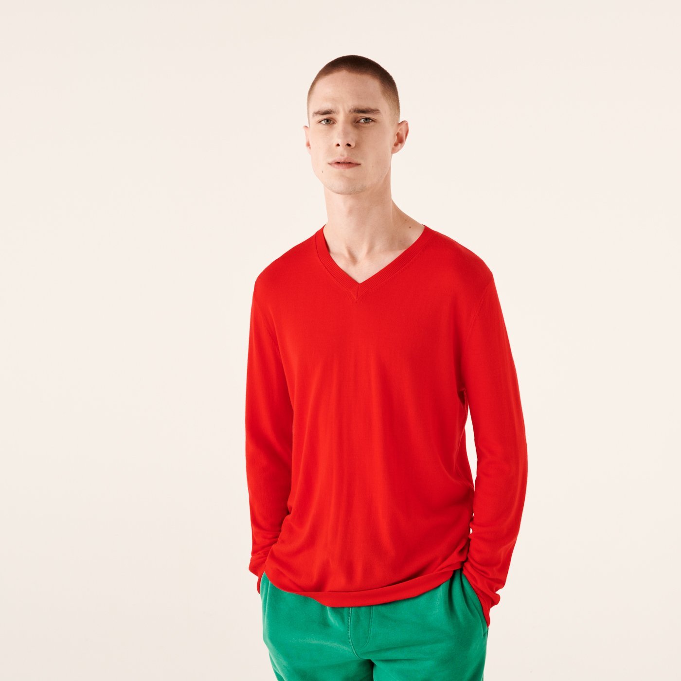 Pull à col V en laine superfine - Summer Red
