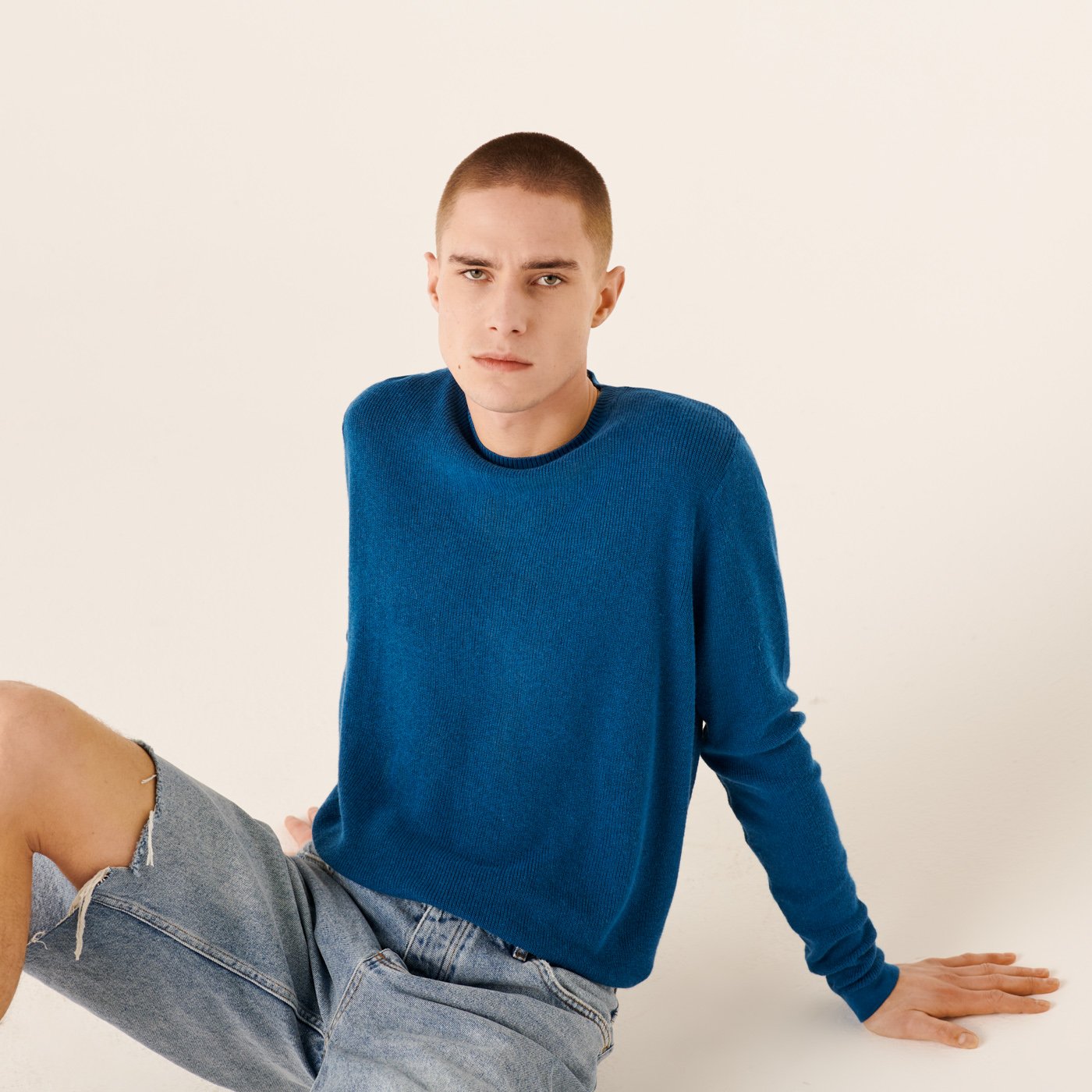 Pull à col rond et maille perlée - Petrol Blue