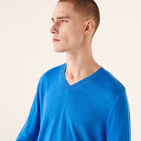 Pull à col V en laine superfine - Denim Blue