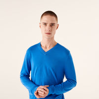 Pull à col V en laine superfine - Denim Blue