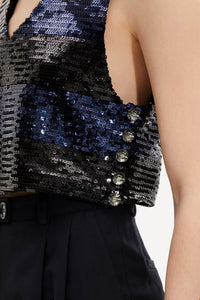 Top court à sequins et boutons Swarovski - Silver & Navy