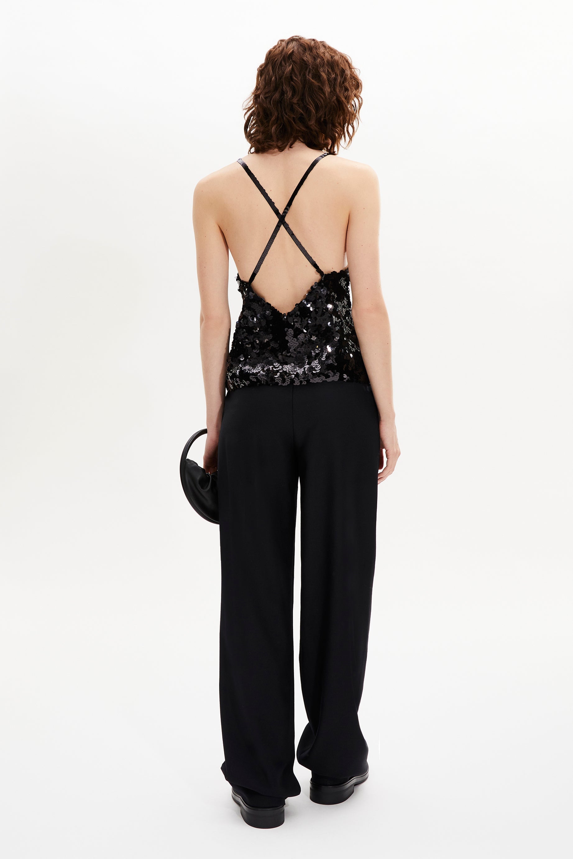 Top à bretelles brodée de sequins - Noir