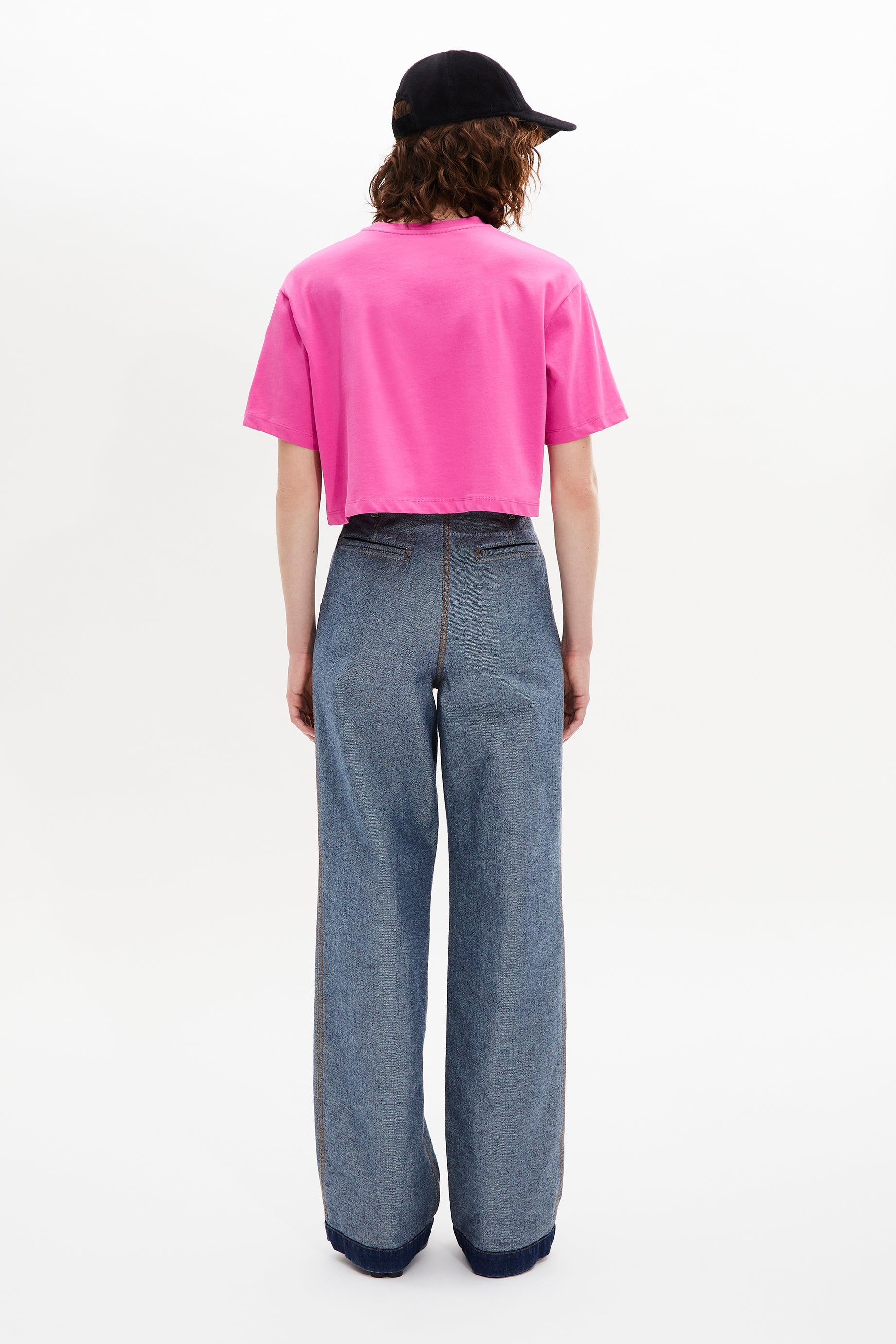 T-shirt crop col rond à manches courtes - Rose