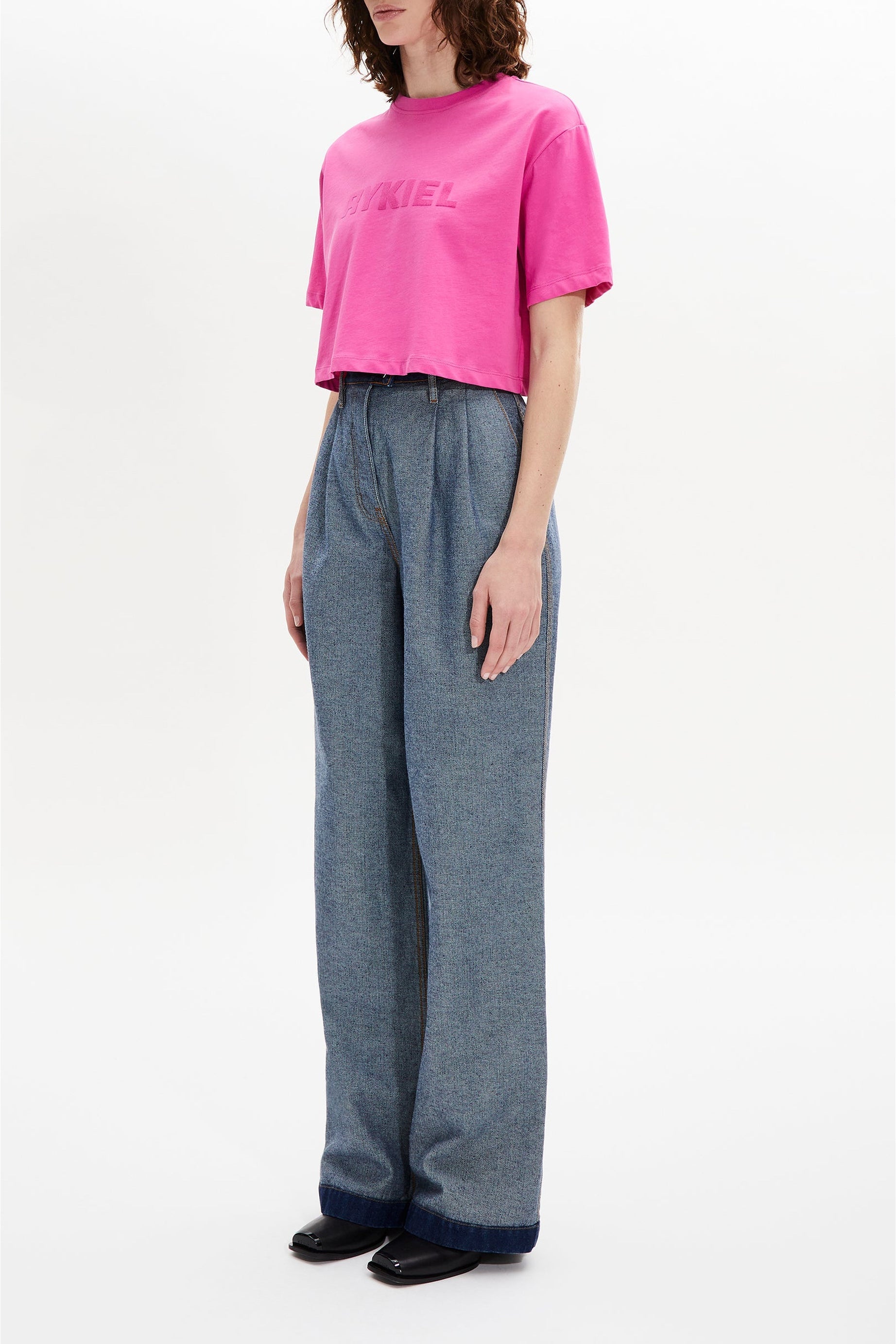 T-shirt crop col rond à manches courtes - Rose