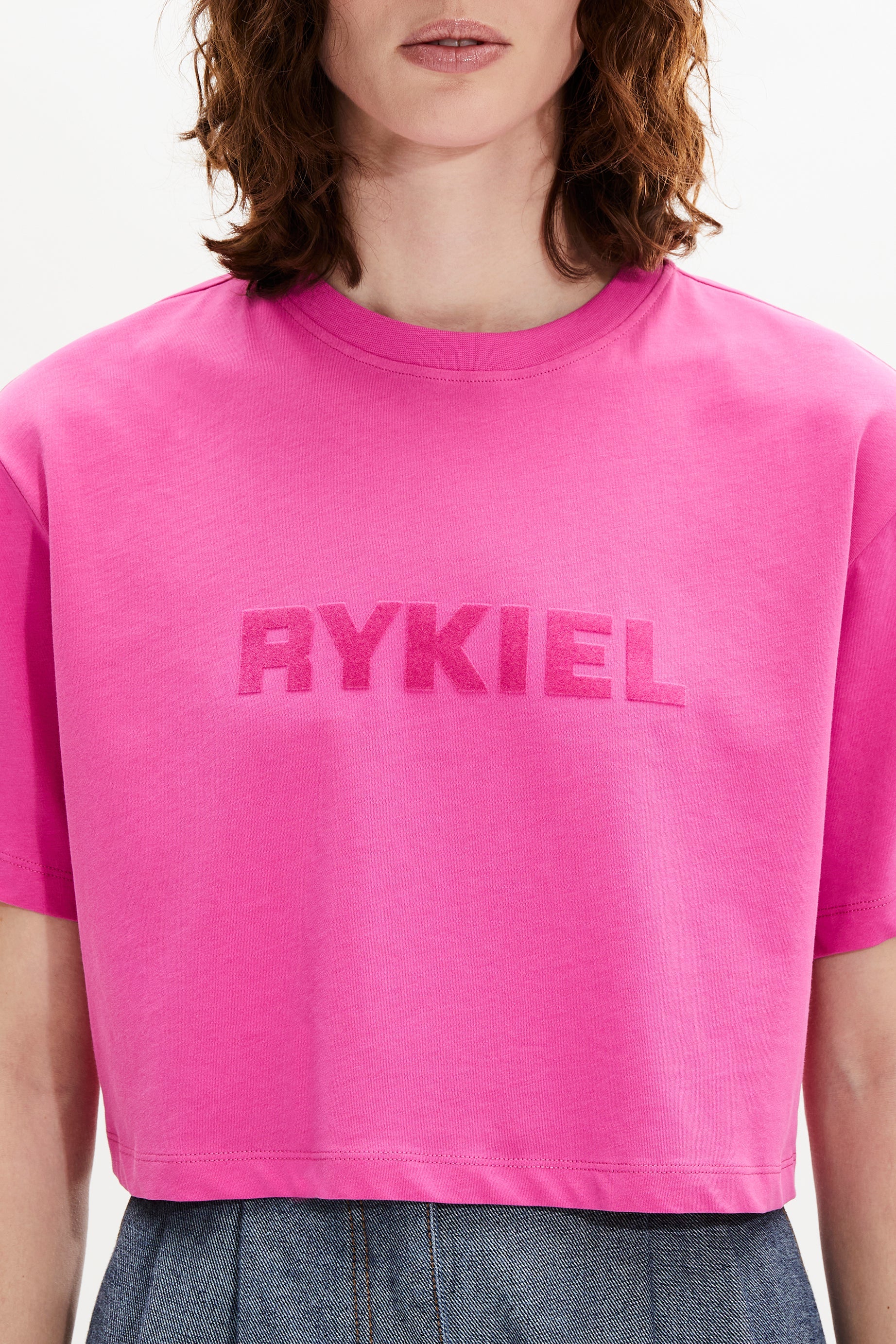T-shirt crop col rond à manches courtes - Rose