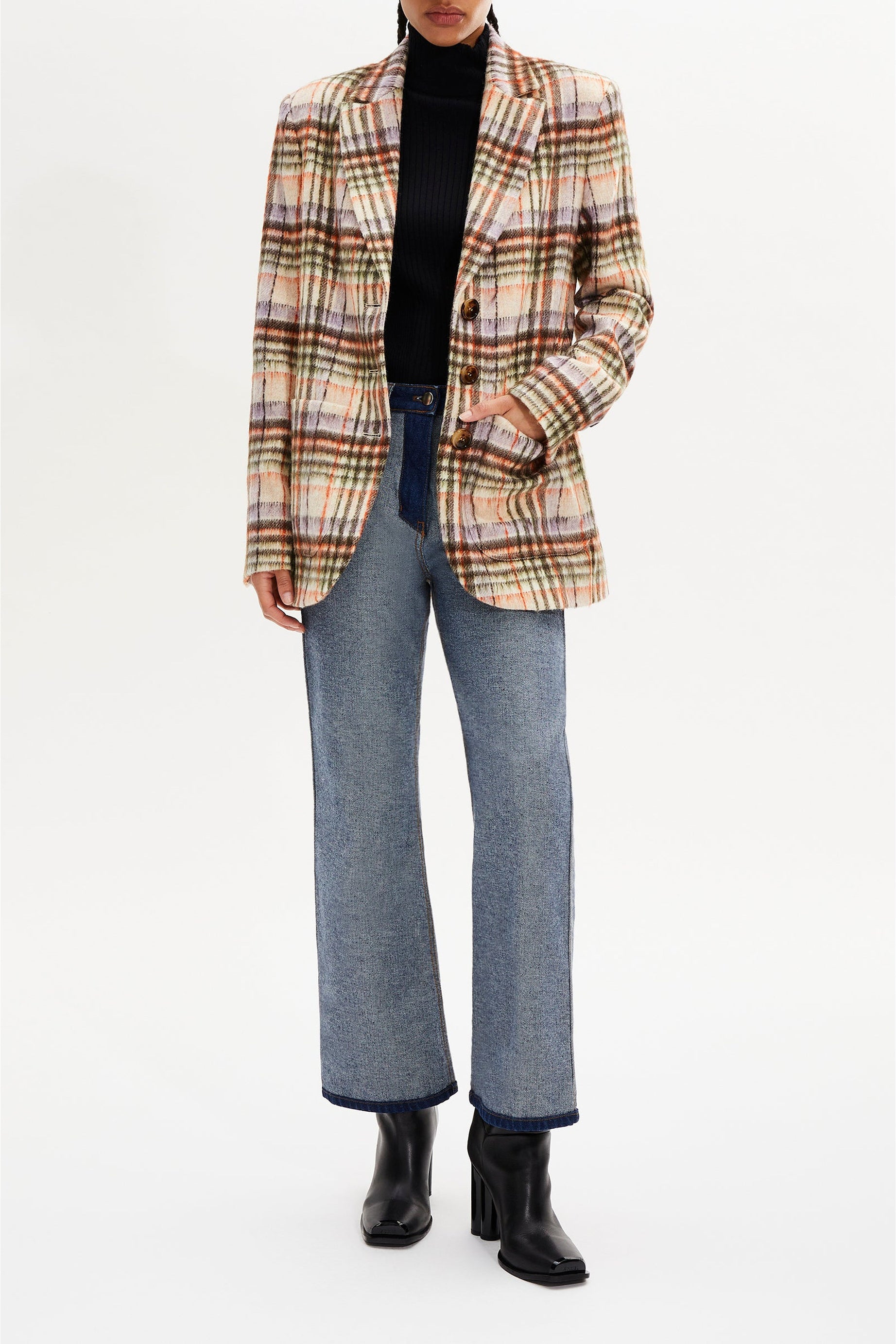 Veste motif tartan en laine - Carreaux Écru & Lilas