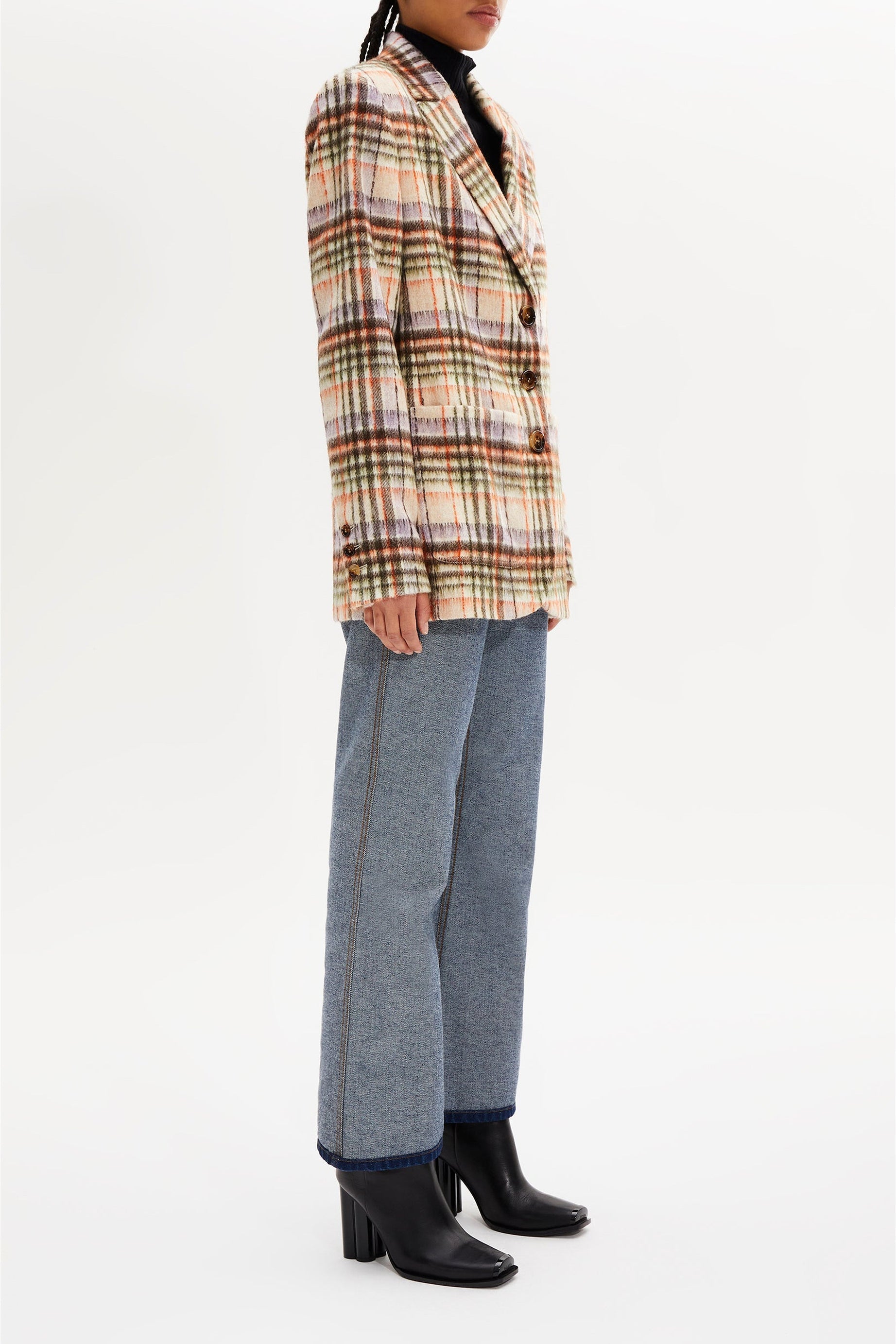 Veste motif tartan en laine - Carreaux Écru & Lilas
