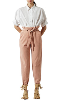 Pantalon carotte avec ceinture à nouer en denim - Vieux Rose