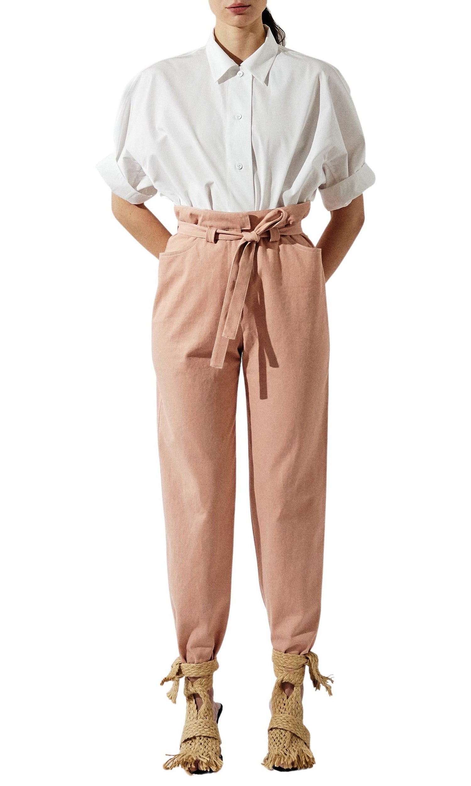 Pantalon carotte avec ceinture à nouer en denim - Vieux Rose