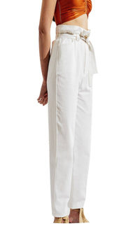 Pantalon carotte avec ceinture à nouer en denim - Blanc