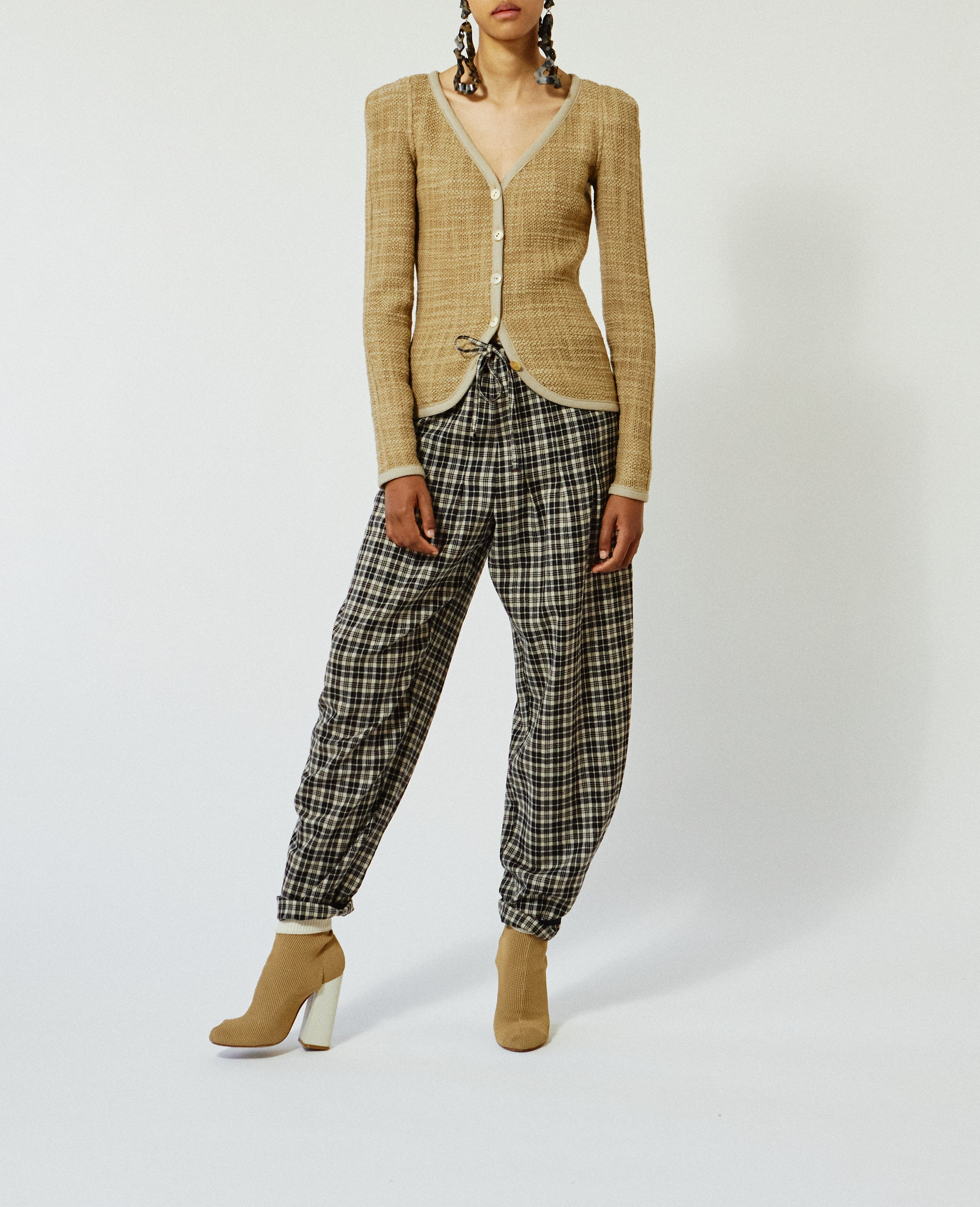 Pantalon jogging en laine tartan - Noir Crème