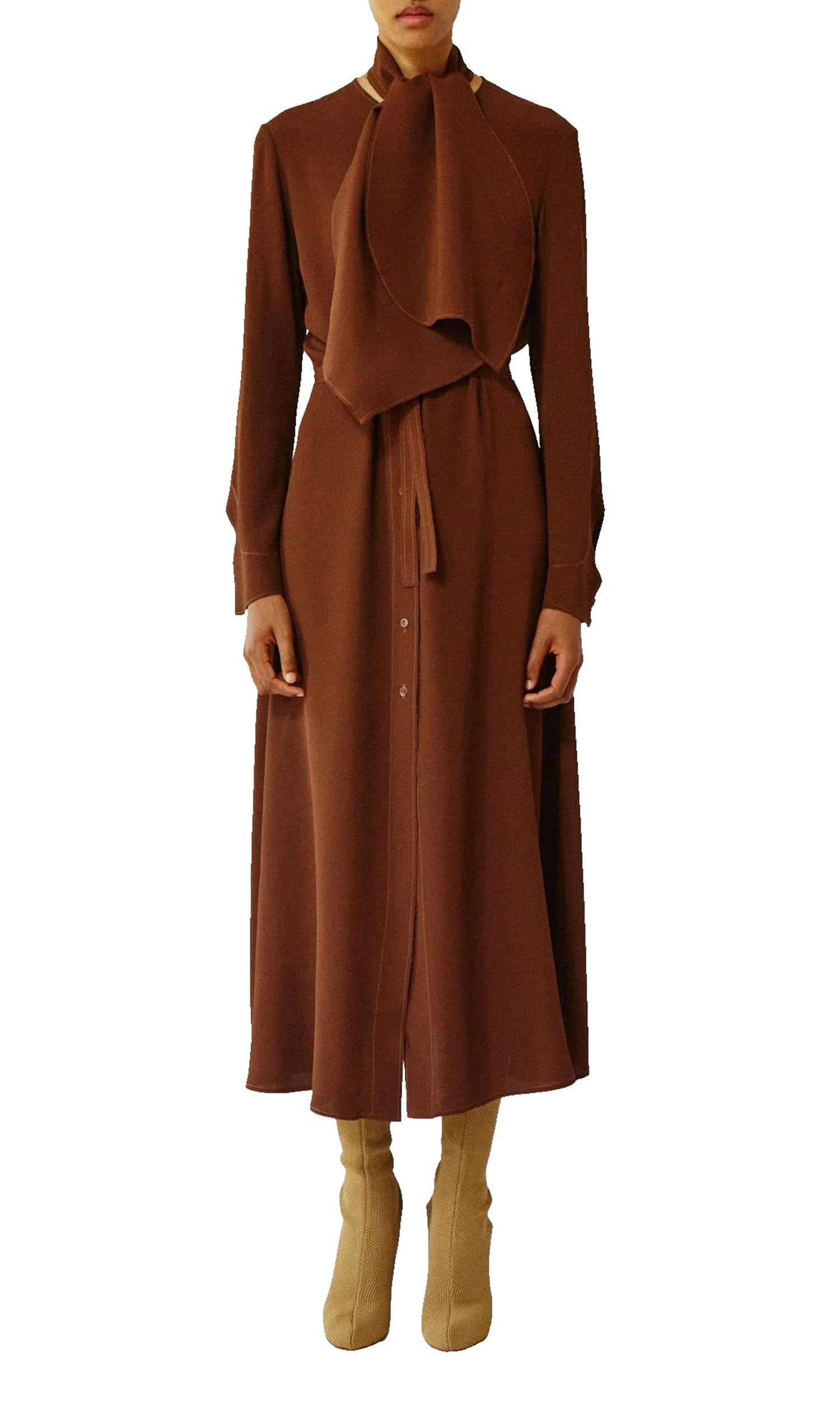 Robe col écharpe à manches longues - Noisette