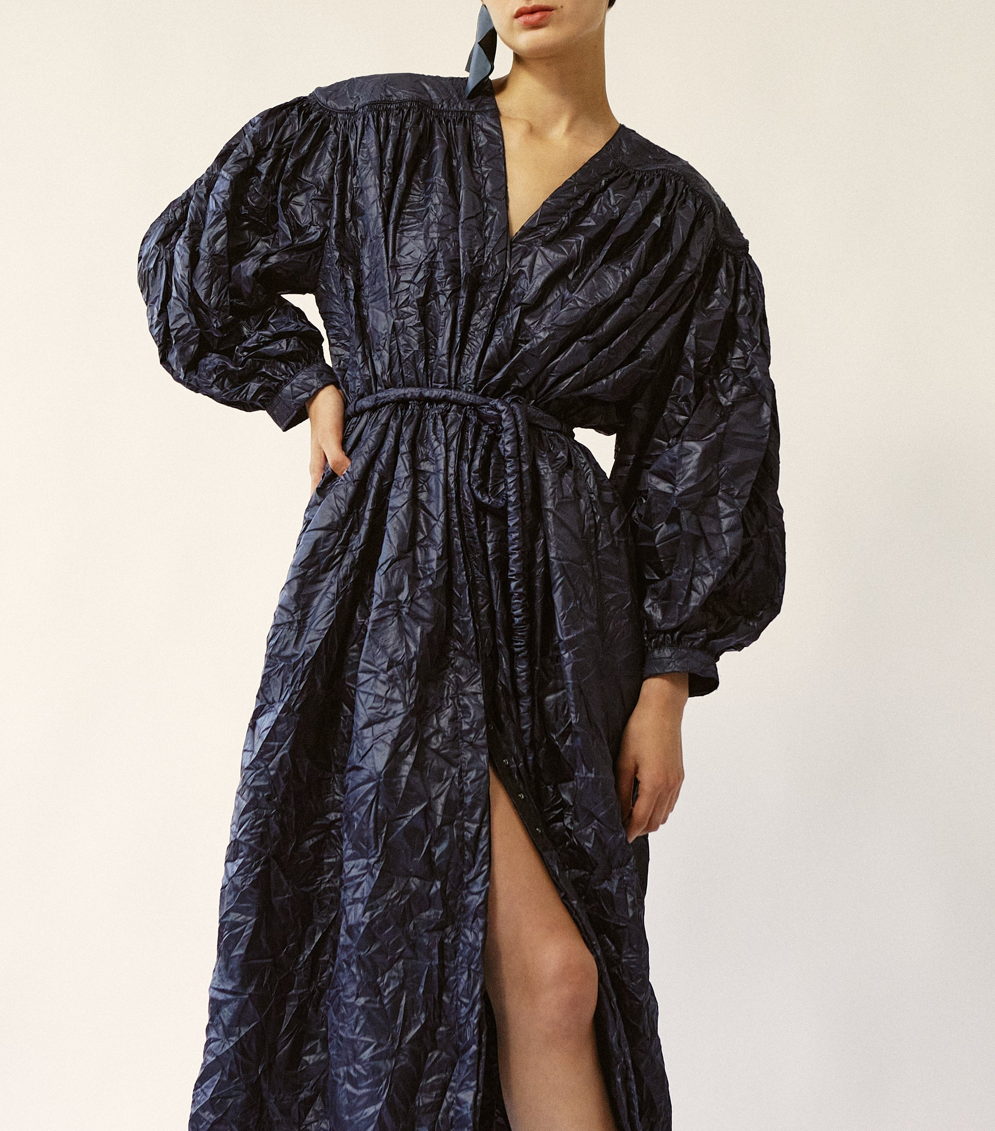 Robe froncée en nylon froissé - Marine