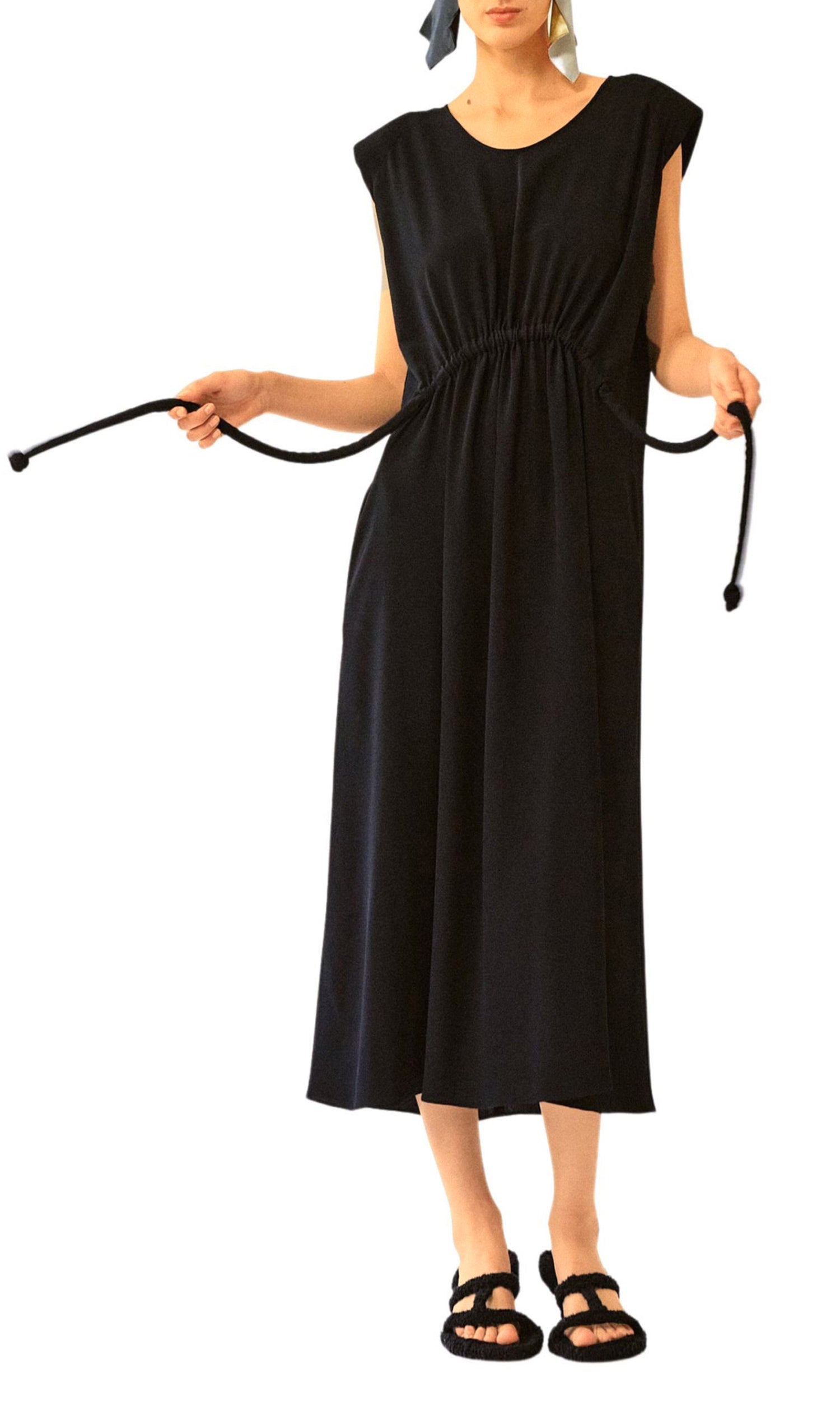 Robe à épaulettes froncée en crêpe de soie - Noir