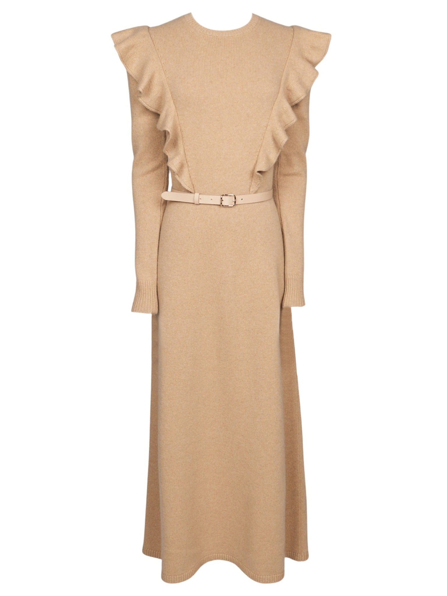 Robe midi ceinturée à manches longues en cachemire - Straw Beige