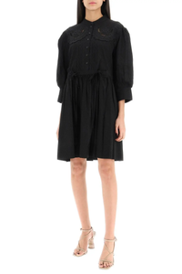 Robe manches 3/4 à corsage brodé & plissé - Black