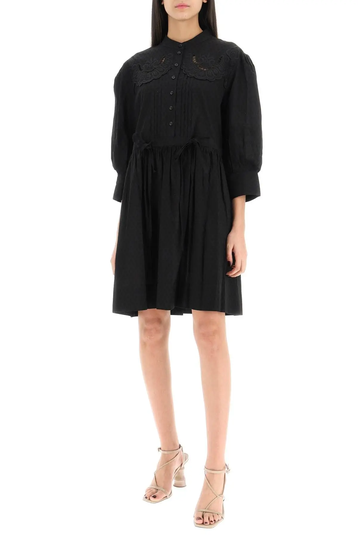 Robe manches 3/4 à corsage brodé & plissé - Black