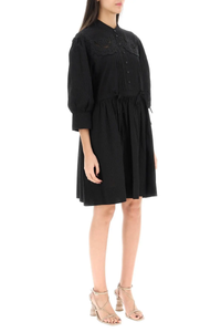 Robe manches 3/4 à corsage brodé & plissé - Black