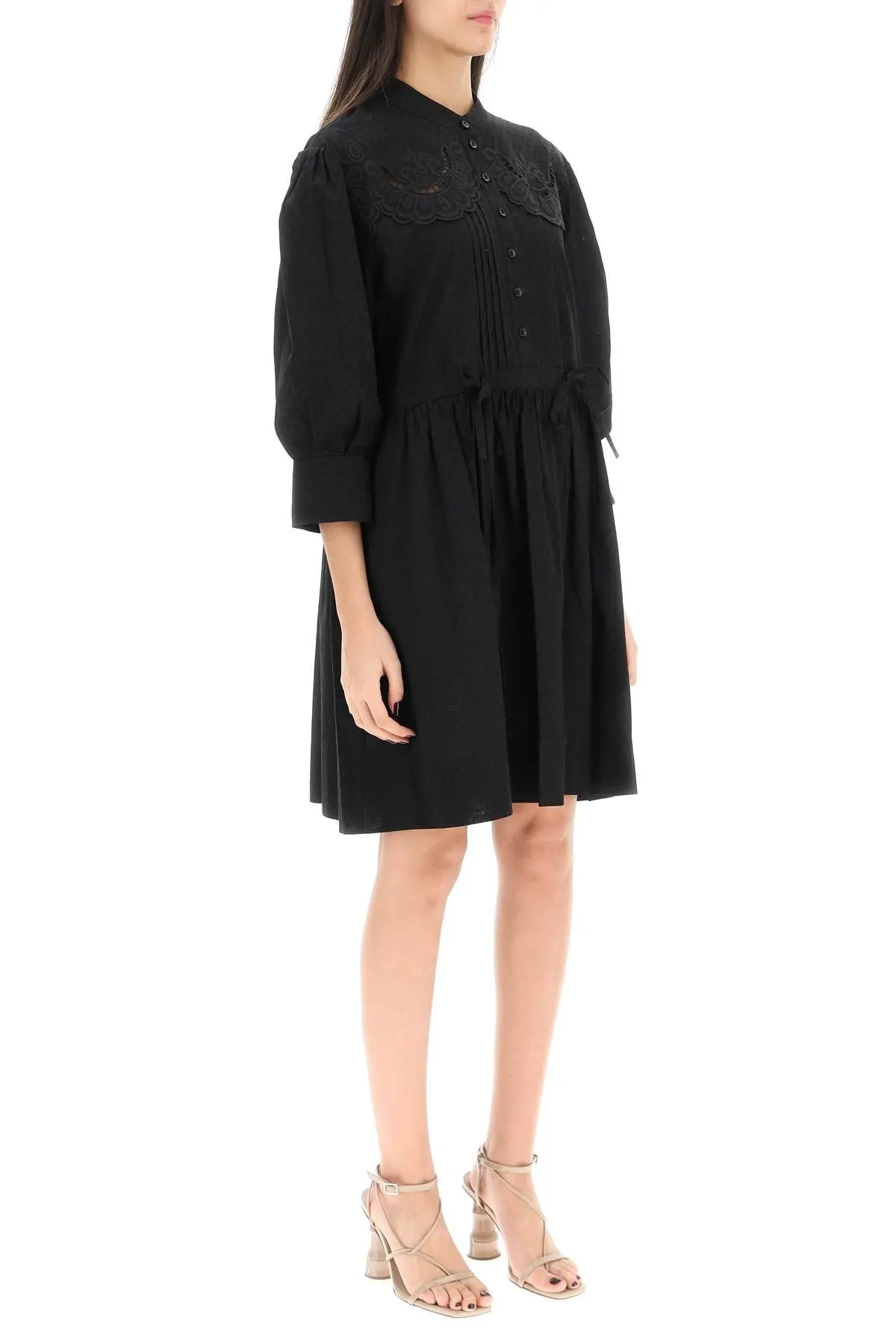 Robe manches 3/4 à corsage brodé & plissé - Black