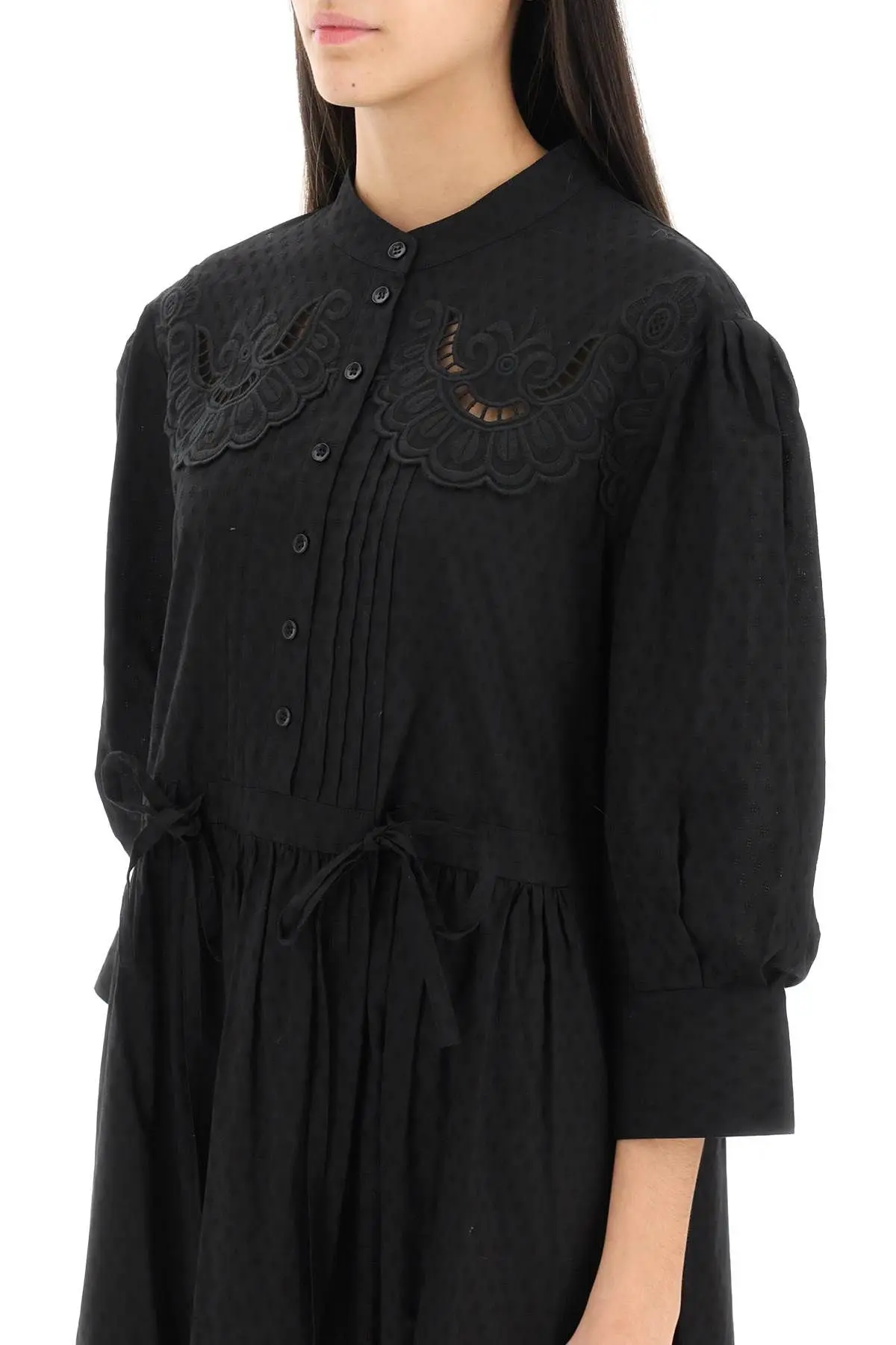Robe manches 3/4 à corsage brodé & plissé - Black