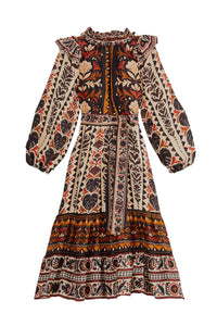 Robe midi à manches longues et col montant - Multicolore