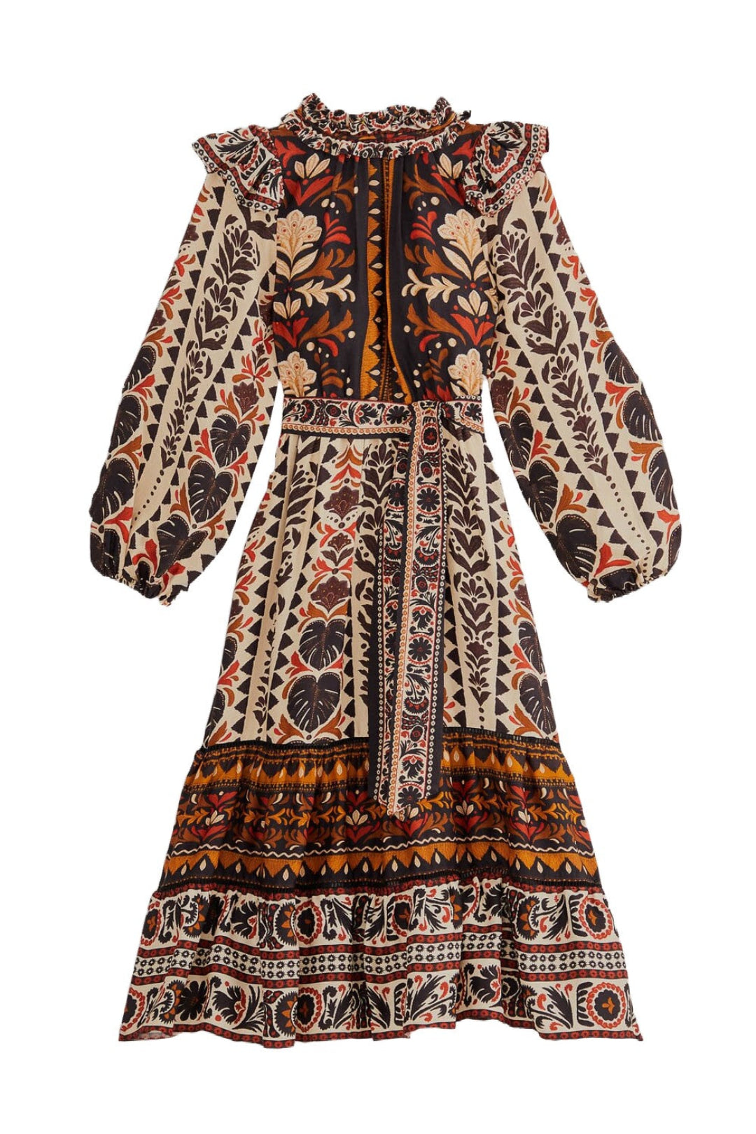Robe midi à manches longues et col montant - Multicolore