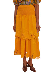 Jupe midi en dentelle à volants en coton - Orange