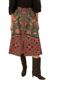 Jupe midi Fleurs Arabesque à boutons en coton - Vert