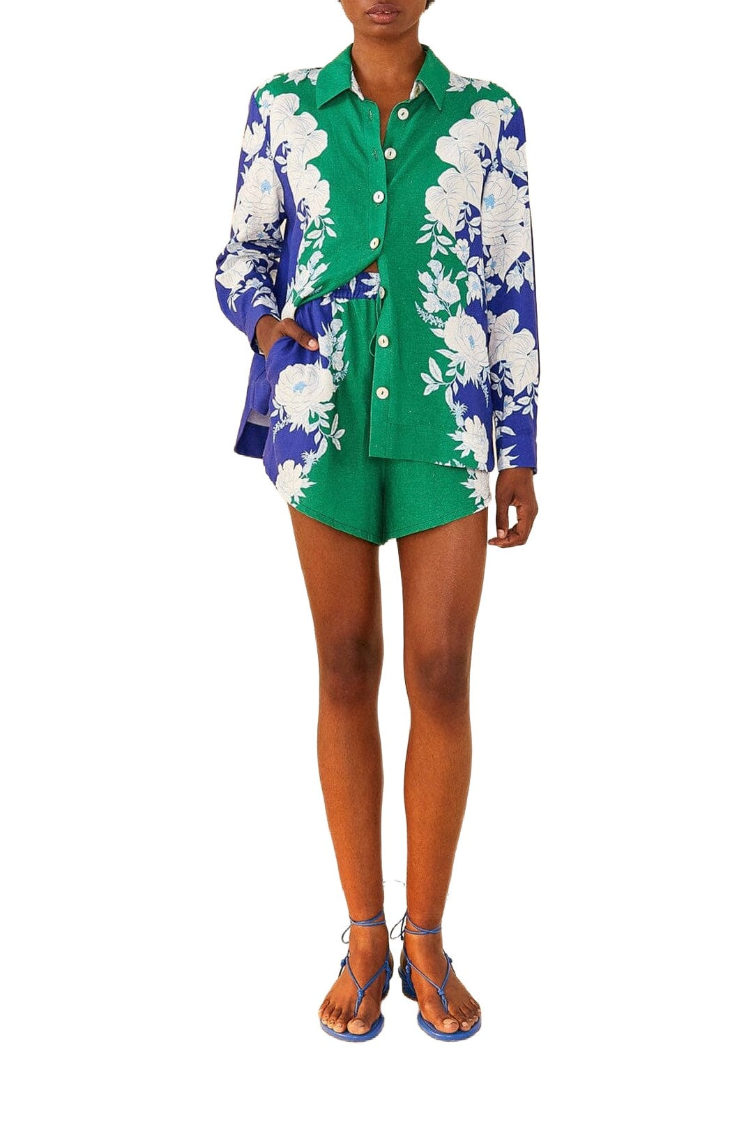 Short Garden Doux en lin - Bleu & vert