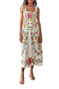 Robe longue Tropical Romance en lin - Blanc