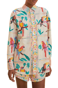 Chemise à manches longues à motif Tropical en lin - Blanc